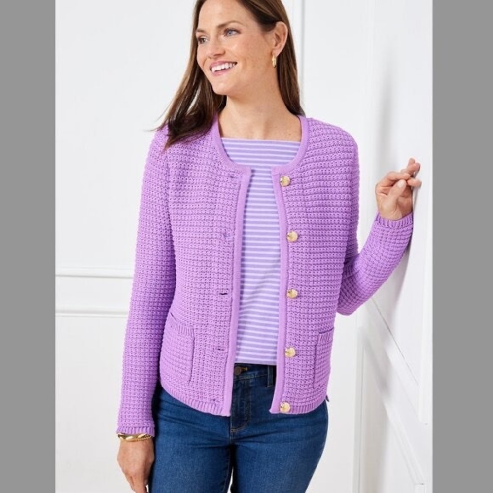 Talbots Kate Cardigan Womens Large Purple Gold Crest Button Sweater Lady Knit